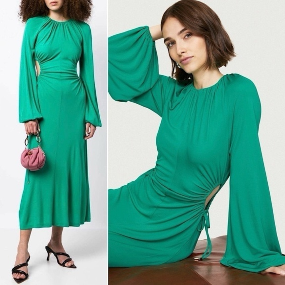 REBECCA VALLANCE Edie Ruched‎ Tie Waist Cutout Long Bell Sleeve Midi Dress